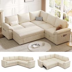 Modern Beige L-Shaped Sectional Sleeper Sofa w/ Pull-Out Bed + Storage (Brand New)