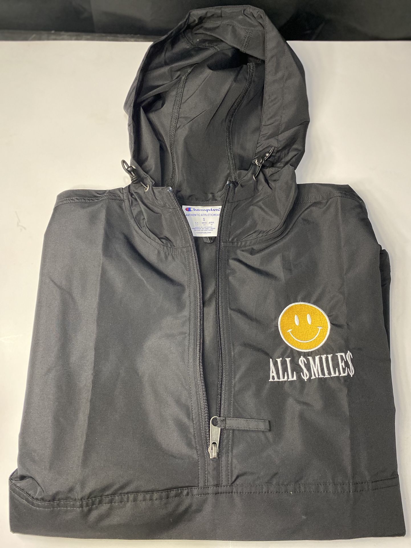 Champion Black Packable Jacket- ALL $MILE$ Logo Windbreaker Size S