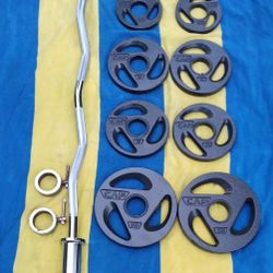 NEW CAP CURL BAR. &. EASY GRIP OLYMPIC PLATES  :  FOUR  10s  &  (PAIRS OF)  :  5s  &  2.5s 