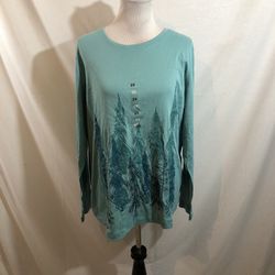 Northcrest “Meadowbrook” Aqua Long Sleeve Top With Trees - Womens 2X, NWT, bust 25”, length 28”