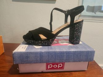 Pop Applause Black Glitter Platform Sandal Heels Size 11 NEW