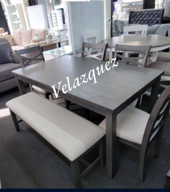 ✅️6 pcs gray finish wood dining table set, padded seat chairs and bench .