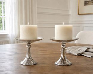 Silver Metal Pillar Candle Holders Set of 2