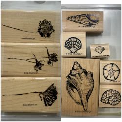 Stampin Up Rubber Stamps (2 sets) Botanical Flower & Seashell Wood Mounted