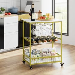 Wine Bar Cart, Small Rolling Serving Cart with Wine Rack and Glass Holders for Home Kitchen, White Gold