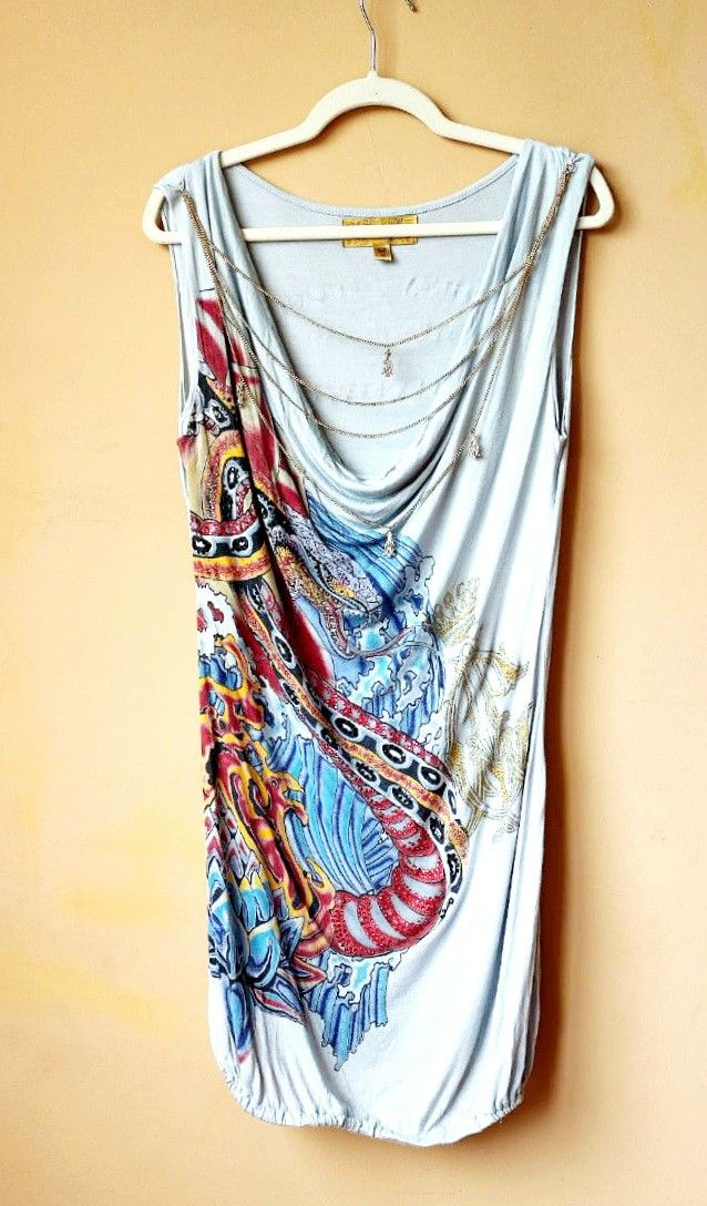 Christian Audigier Y2K Vintage Sleeveless Dress Tunic Top Shirt Women's Size M Medium/ Ed Hardy Tank Dress With Necklace