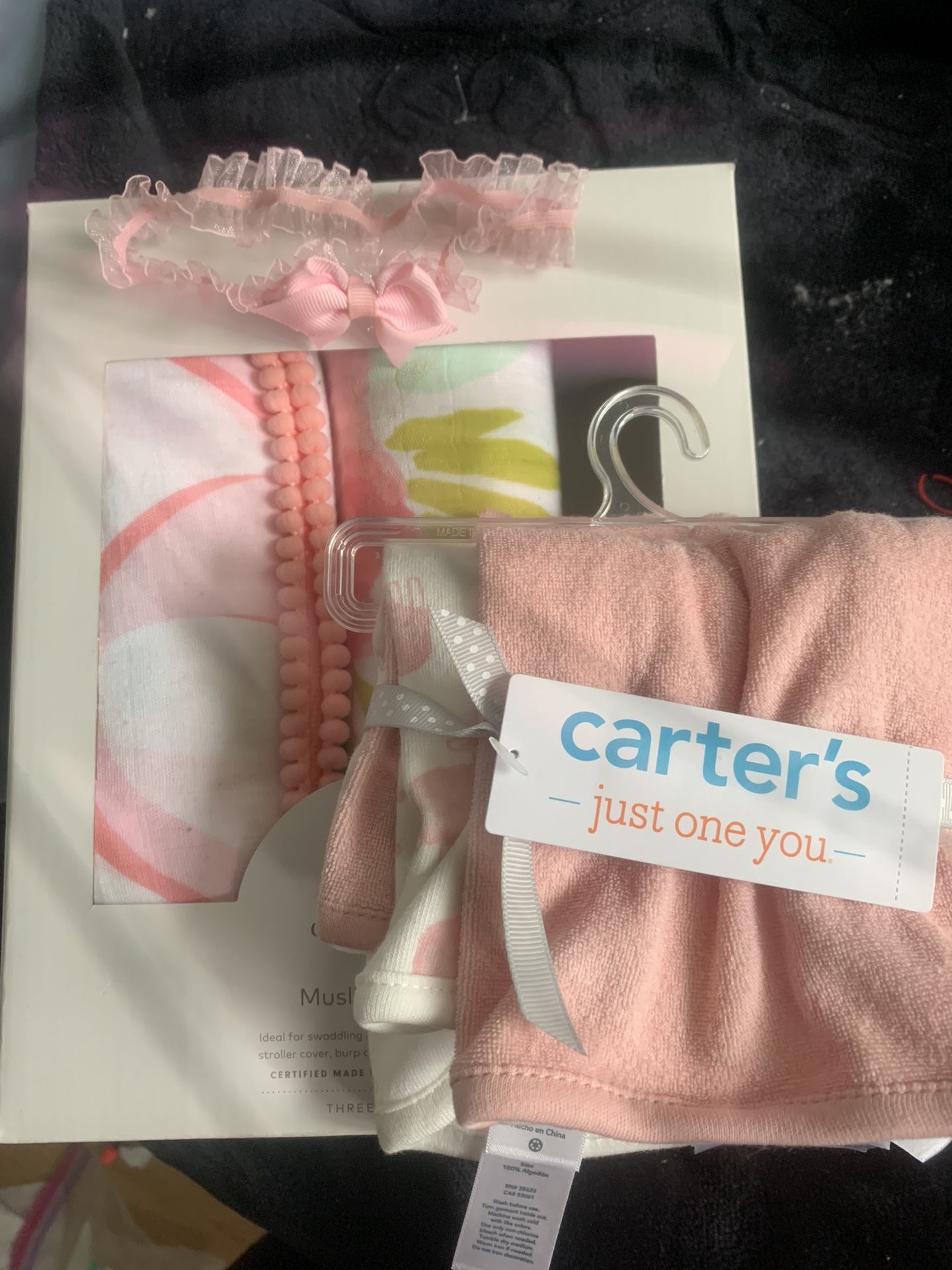 Baby girl Headband, Muslin Blankets, & Carters Burp Cloths 