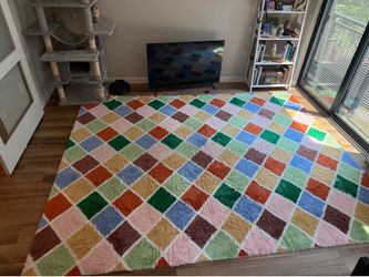 Large Multicolor Checkerboard Shag Rug