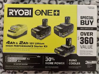 Ryobi 1+ 18 volt two 4ah & 1 2Ah 18bolt lithium high performance starter kit