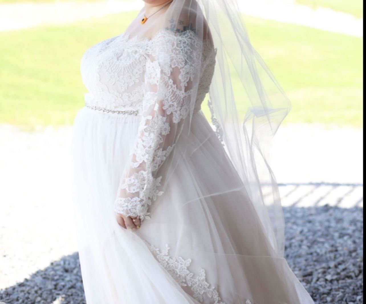 David’s Bridal Wedding Dress, Cathedral Length Veil, And Bling Sash