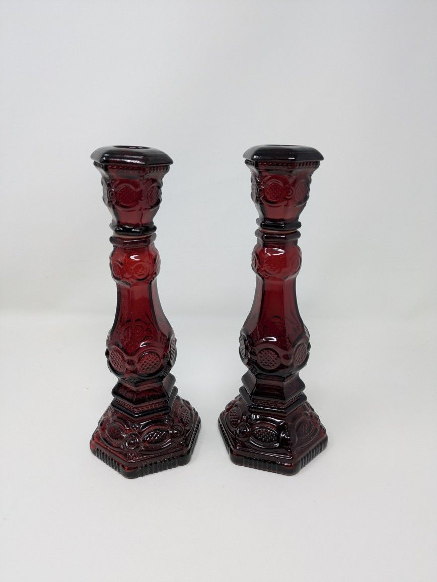 Vintage Avon Ruby Red Cape Cod 1876 Candlesticks/Perfume Bottles