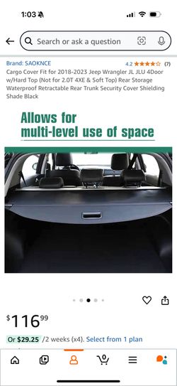 Cargo Cover For Four Door Jeep Wrangler