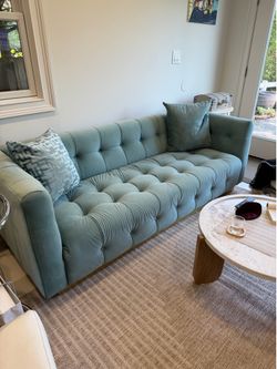Modern Style Delano Sofa Tufted in Capri Blue Velvet w/ brass Toekick Base
