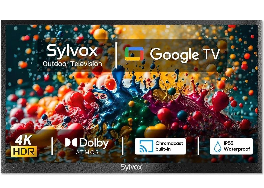 SYLVOX Smart Outdoor TV, 43 inch Outdoor Television Upgraded Google TV, 4K Weatherproof Outside TV, IP55 Waterproof, Google Assistant, Chromecast, 100