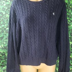 VTG RALPH LAUREN WOMEN'S Large NAVY BLUE 100% Cotton Cable Knit Sweater