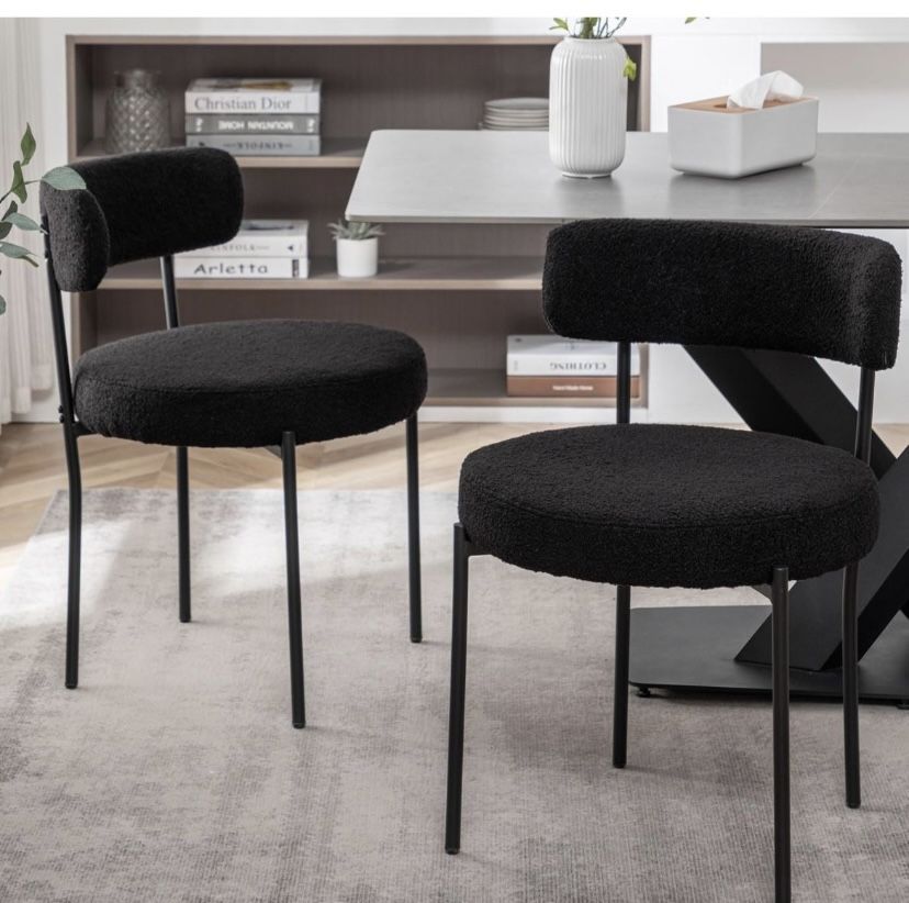 Black Boucle Dining Chairs Set of 2 Upholstered Dining Room Chairs with Black Metal Legs Round Modern Dining Chair for Dining Room Kitchen