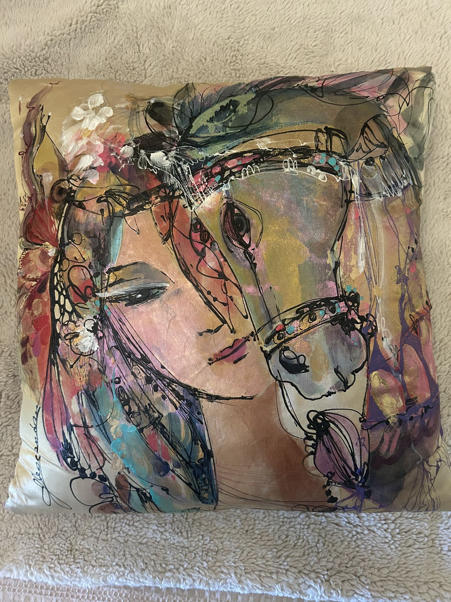 an artistic throw pillow / woman & a horse