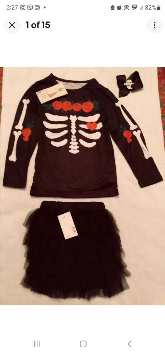 Girls Halloween Costume Skeleton Red Roses Shirt Tutu Skirt & Hair Bow Sz 4_5