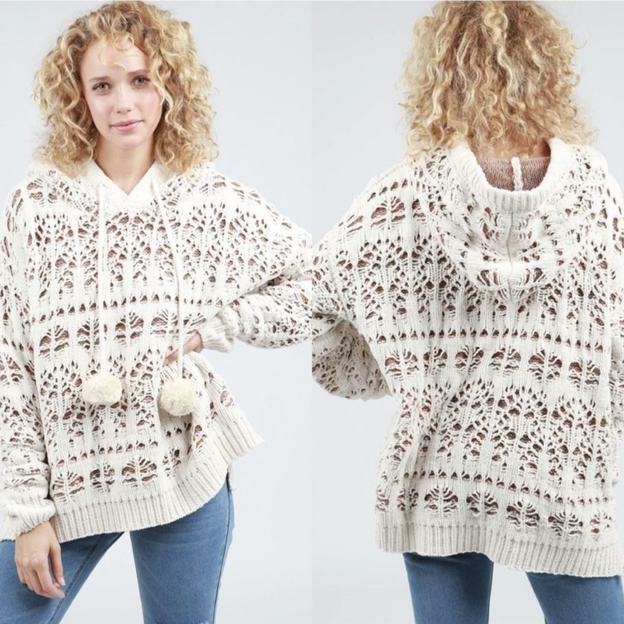 POL Almond White Soft Knit Pom Pom Drawstring Sweater Hoodie