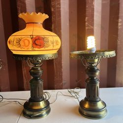 Pair of Vintage glass globe hurricane style table lamp with wood and bronze base