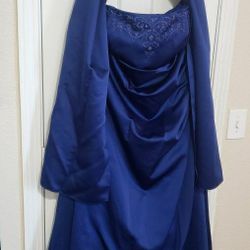 Beautiful Blue David's Bridal Strapless Formal Dress With Beaded Top & Matching Shawl, Size 18!