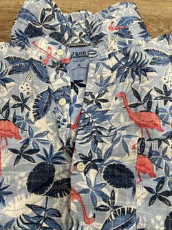 IZOD SALTWATER MENS BLUE FLORAL PINK FLAMINGO BUTTON SHORT SLEEVE SHIRT SIZE XL