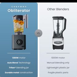 Chefman Obliterator 48 oz Countertop Blender for Smoothies, 1380W Motor to Crush Ice, Nuts, and Frozen Fruit with Stainless Steel Blade, Auto Blend Fu