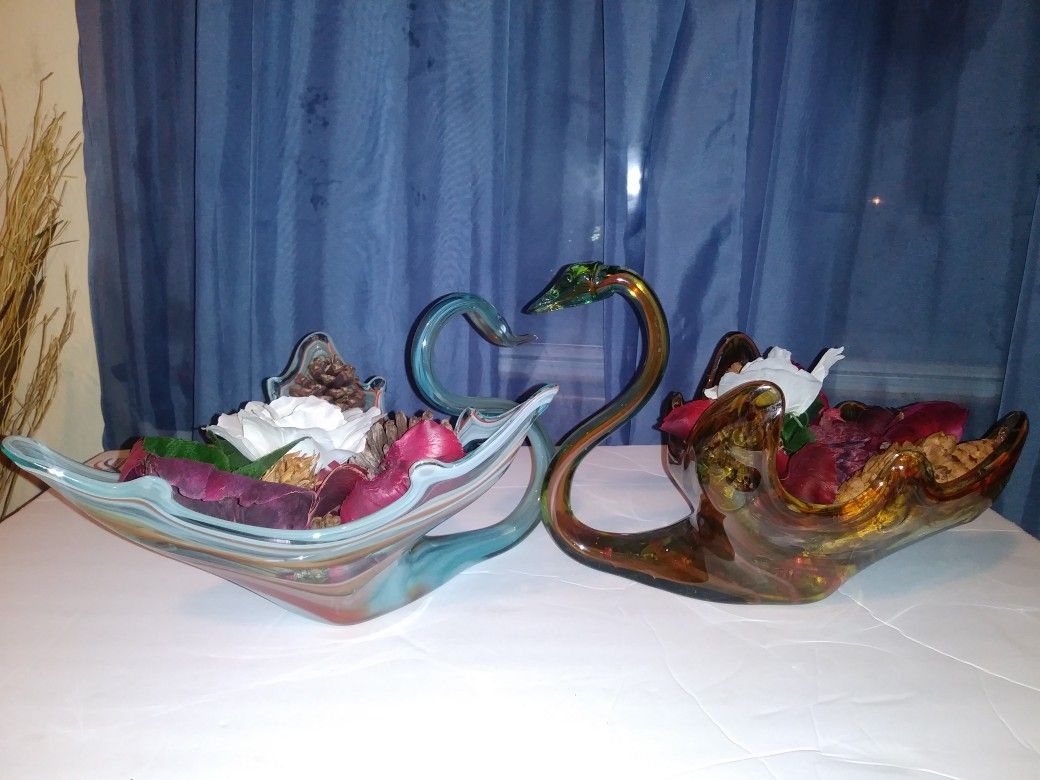 (2) Studio Hand-Crafted Blown Glass Decorative Swirled Blue Swan & Brown Goose