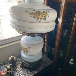 Vintage Milk Glass Painted Flowers Hurricane Parlor Brass Table Lamp