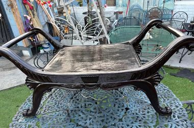 Ornate Dark Wood Carved Bench Ottoman