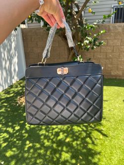 Badgley Mischka diamond quilted black vegan leather tote bag with gold-tone hardware