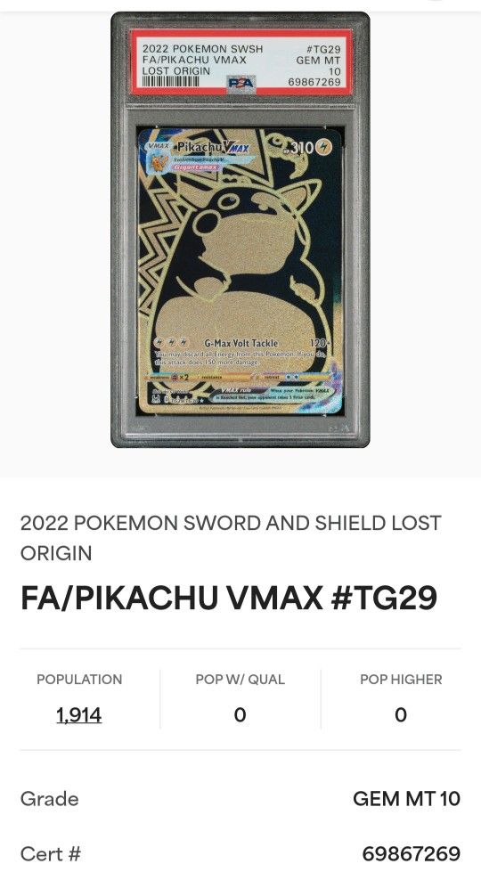 2022 POKEMON SWORD AND SHIELD LOST ORIGIN FA PIKACHU VMAX #TG29