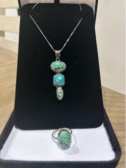 Turquoise Triple-Stone Pendant Necklace & Ring Set- Silver