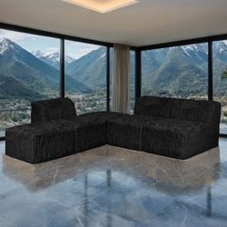 Black Faux Fur, Compressed High Density Foam Modular Design Couch Sofa Sectional