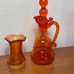 Vintage Viking Brand , Amberina Crackle Glass Cruet / Orange & Yellow Crackle Glass Minature Vase 