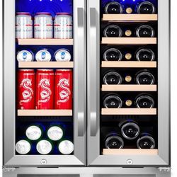 Wine and Beverage Refrigerator, 24 Inch Dual Zone Fridge with Glass Door, Built-In Cooler with Powerful and Quite Cool System/18 Bottles and 88 Cans C
