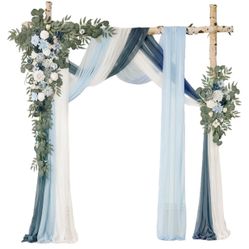 (7777-5) Deluxe Blue Artificial Wedding Arch Flowers with Drapes Kit-Pack of 5, 2pcs Flower Arrangements 3pcs Hanging Sheer Drapes Blue Ceremony Arbor