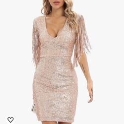 Women's Sexy Deep-V Sequin Tassel Sleeve Party