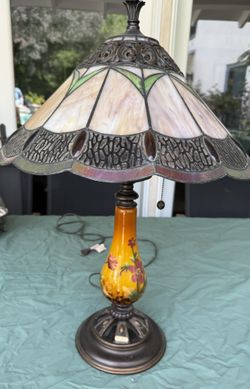 Vintage Tiffany  Lamp 28” Tall Stained Glass Antique Roadhouse 