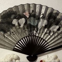 Red-Crowned Crane Chinese Wall Fan Wood Art Birds Oriental Eastern Scenery Decor Japanese 