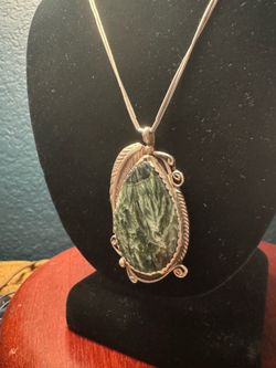 Sterling Silver Seraphinite Pendant , Double Strand Liquid Silver Necklace, 23g