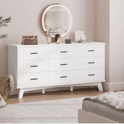 Dresser for Bedroom, 9 Drawer Wide Modern Chest of Drawers with X-Shaped Sturdy Base, Wood Double Dresser Closet Clothes Storage Organizer, Wooden TV 