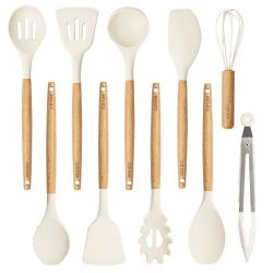 CAROTE Silicone Cooking Utensils Set, Kitchen Utensils Set 10 Pcs for cooking, BPA Free Spatula Set with Heat Resistant Wood Handles for Nonstick Cook