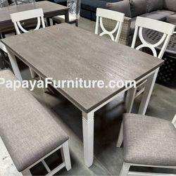 New! 6pcs Dining Set, Wooden Dining Set, Table And Chairs, Dinette Set, Table, Chairs, Bench, White Table, Farmhouse Dining Table, Casual Dining Set