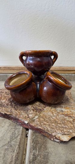 Tuscan Style Brown Glazed Ceramic Triple Pot Planter