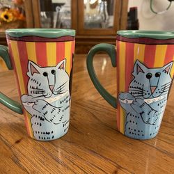 2 Matching Hand Painted “Catzilla” Tall Coffee Mugs by Candace Reiter