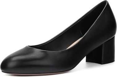  Women's Black Round Toe Block Chunky Heel Pumps