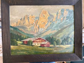 Original Cabin Decor Alpine Landscape Oil Painting J. Lindner