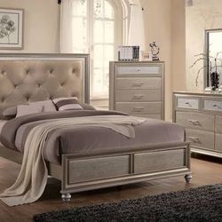 Brand New Silver Queen Bedframe + Dresser + Mirror + Nightstand 4PCs Bedroom Set