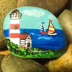 Hand Painted Lighthouse And Sailboat Rock